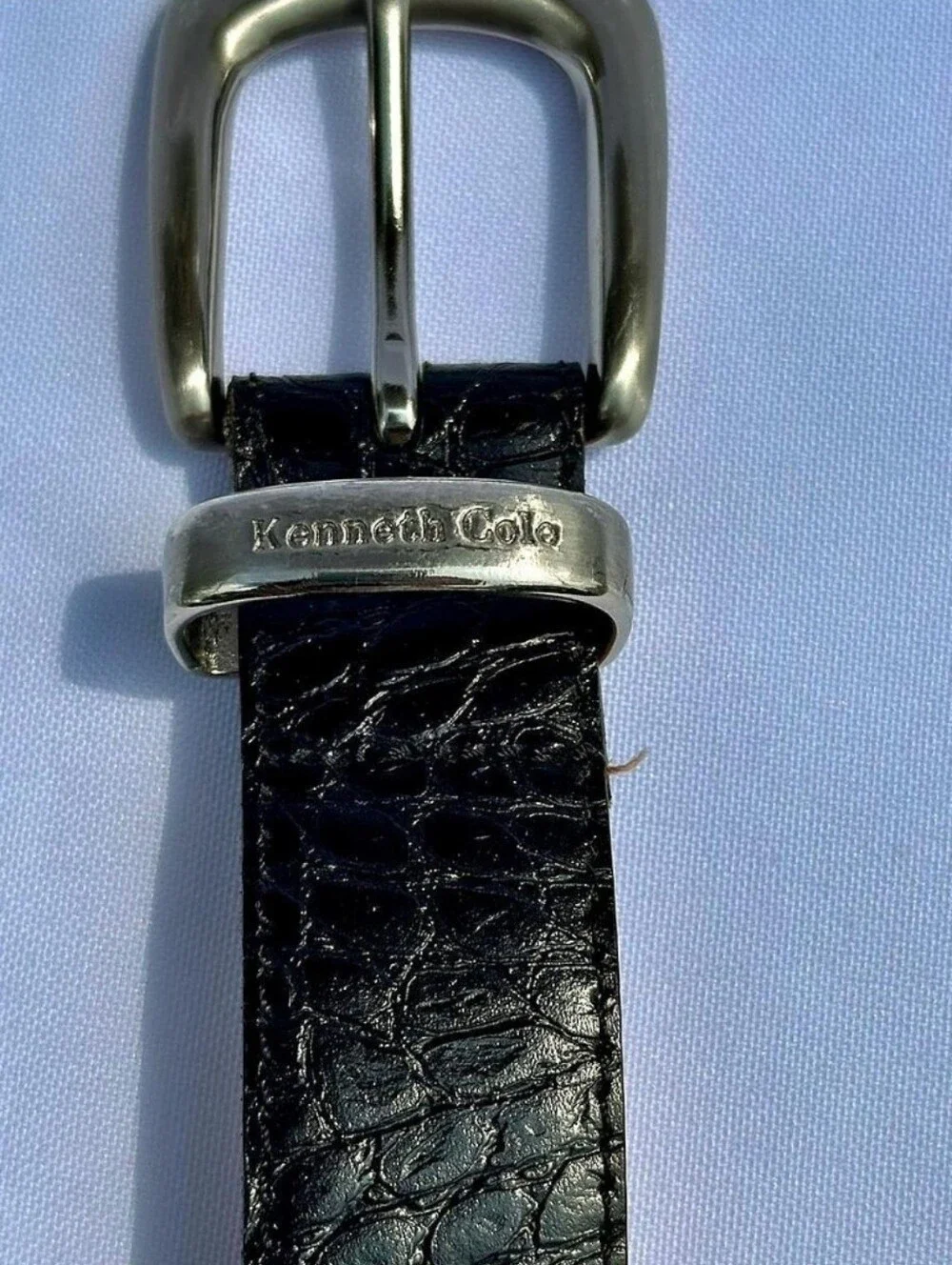 Kenneth Cole Black Croc-Embossed Leather Belt with Silver Buckle